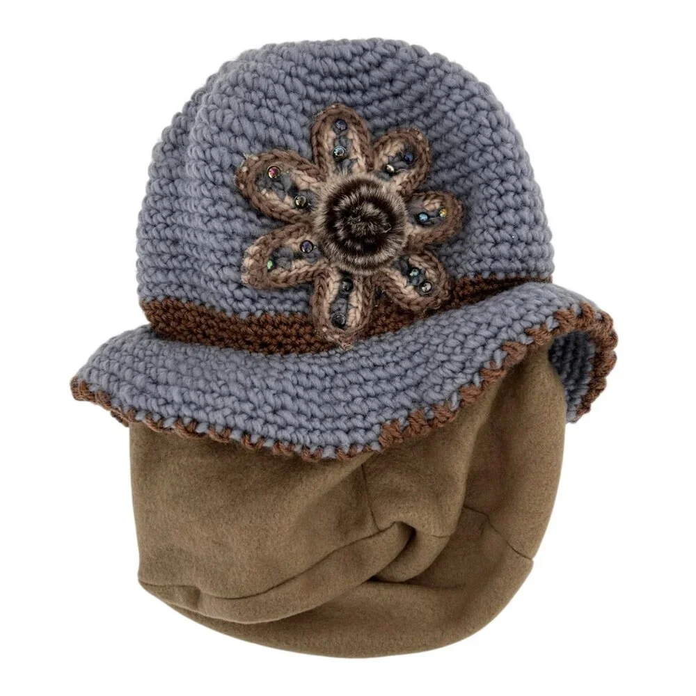 Vintage Inspired Cloche Crochet Knit Faux Fur Flower Beanie Bucket Hat